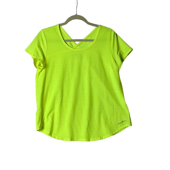 Eddie Bauer V-Neck Back Athletic Active Top Shirt Neon Yellow Women Size Small - Picture 1 of 11